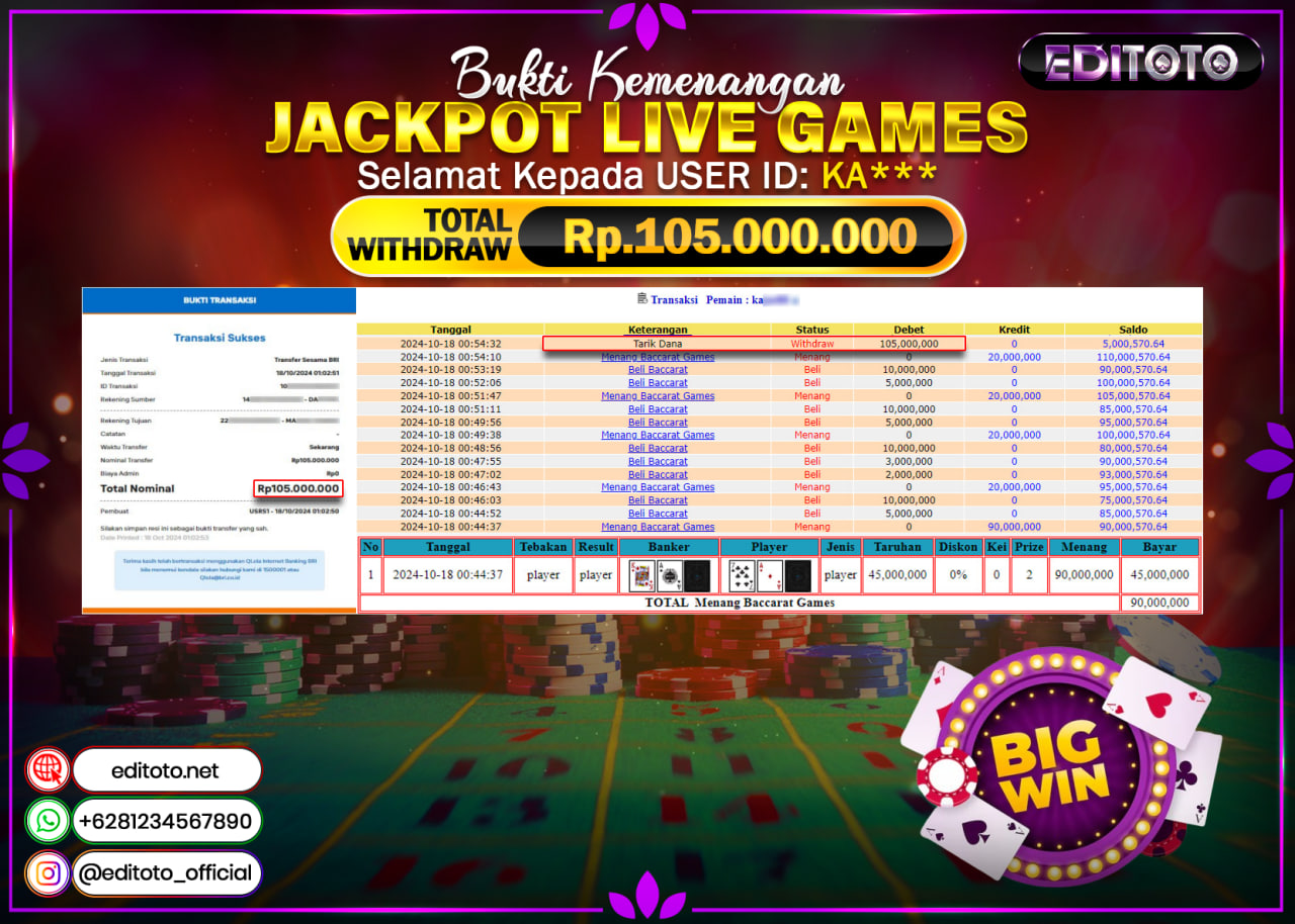JACKPOT LIVE GAME BACCARAT Rp.105.000.000.,- LUNAS
