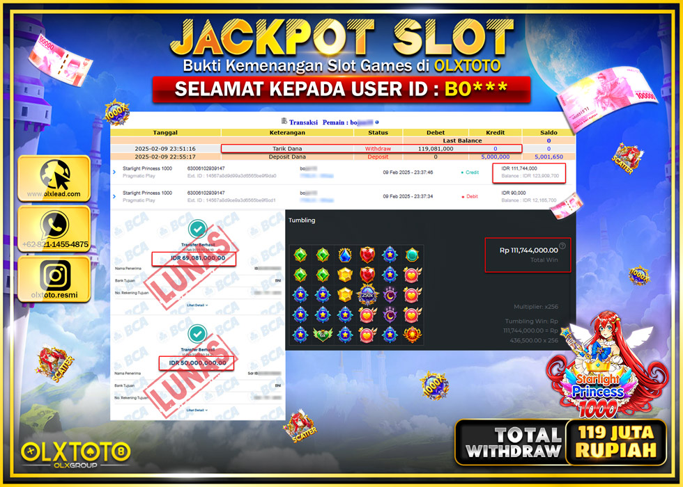OLXTOTO JACKPOT  SLOT STARLIGHT PRINCESS 1000  Rp.119.000.000.,- LUNAS