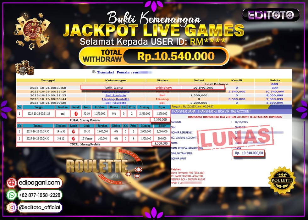 JACKPOT EDITOTO LIVE GAMES ROULLET Rp. 10.540.000.,- LUNAS