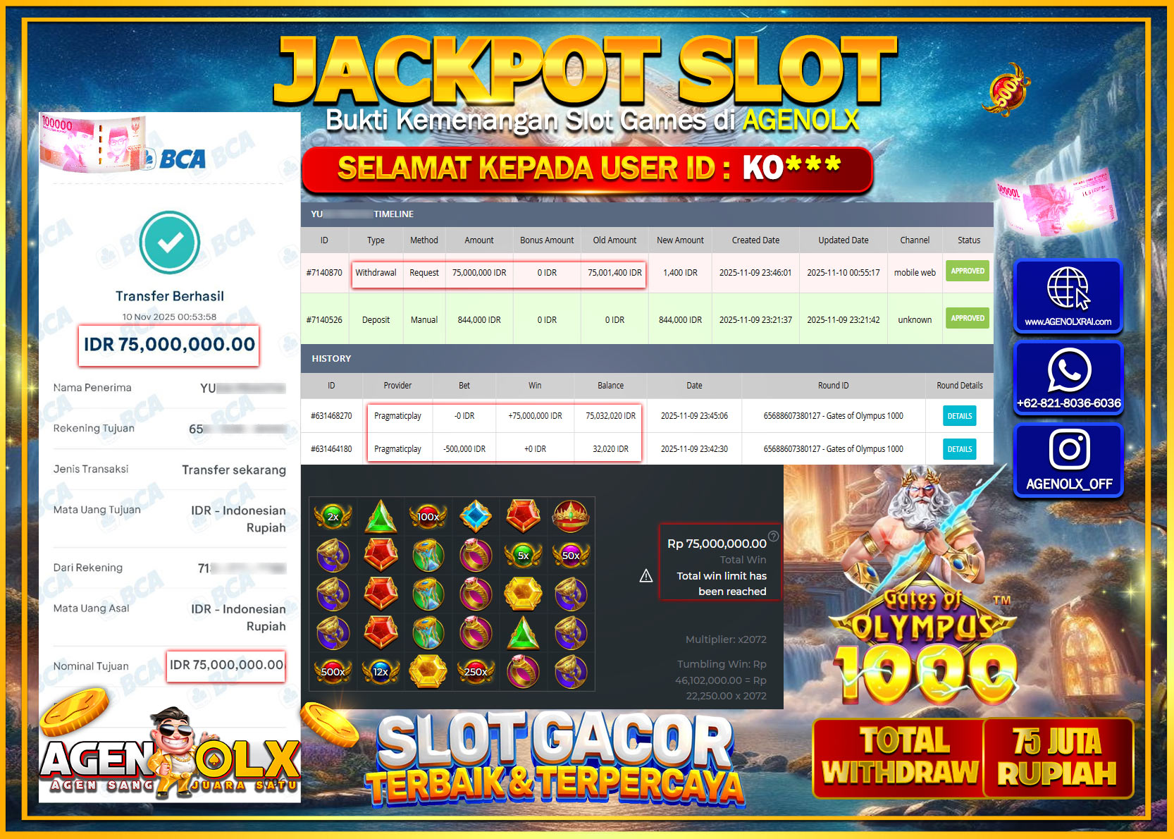 AGENOLX JACKPOT SLOT GATES OF OLYMPUS 1000   Rp 75,000,000,- LUNAS