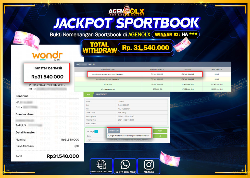 AGENOLX JACKPOT SPOORTBOOK Rp 31.540.000,- LUNAS