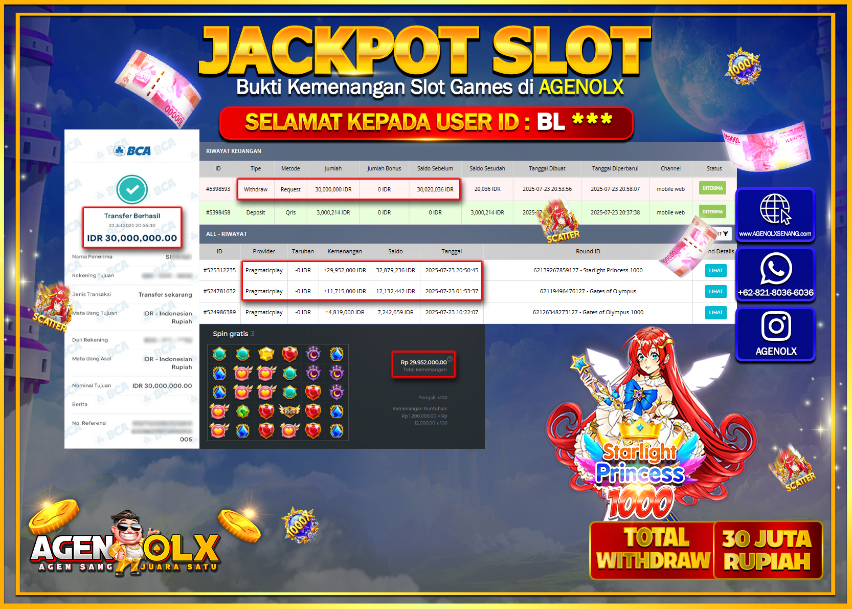AGENOLX JACKPOT  SLOT STARLIGHT PRINCESS 1000 Rp 30.000.000,- LUNAS