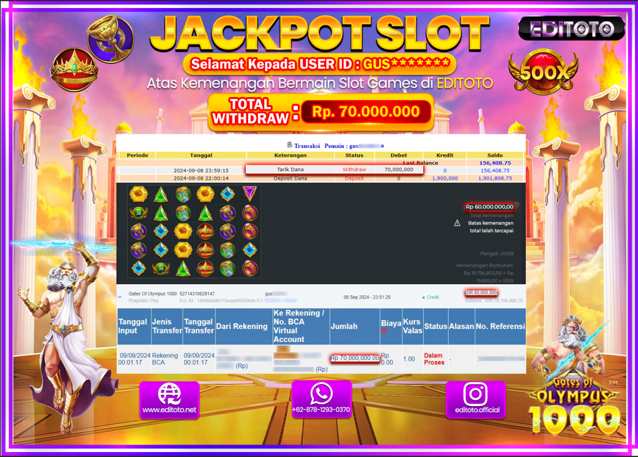JACKPOT SLOT GATES OF OLYMPUS 1000   Rp.70.000.000.,- LUNAS