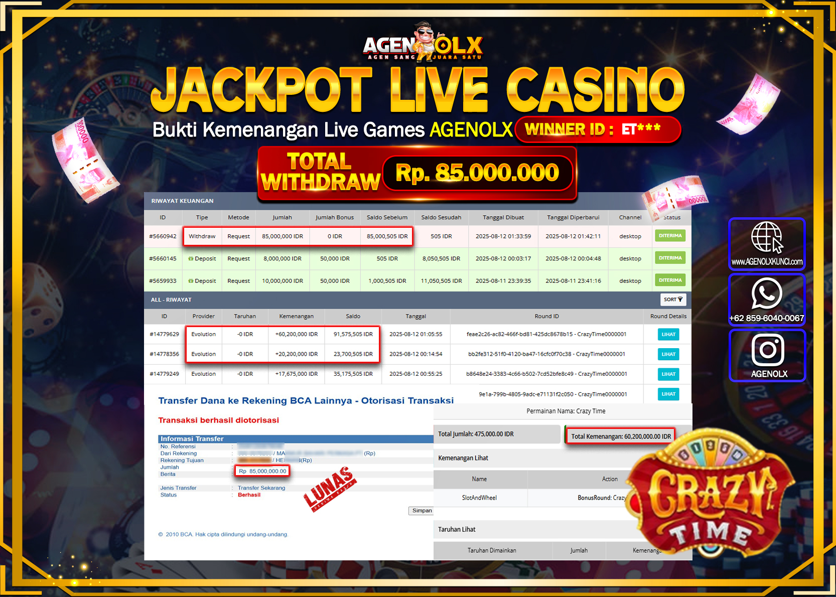AGENOLX JACKPOT lIVE CASSINO CRAZY TIME  Rp 85.000.000,- LUNAS