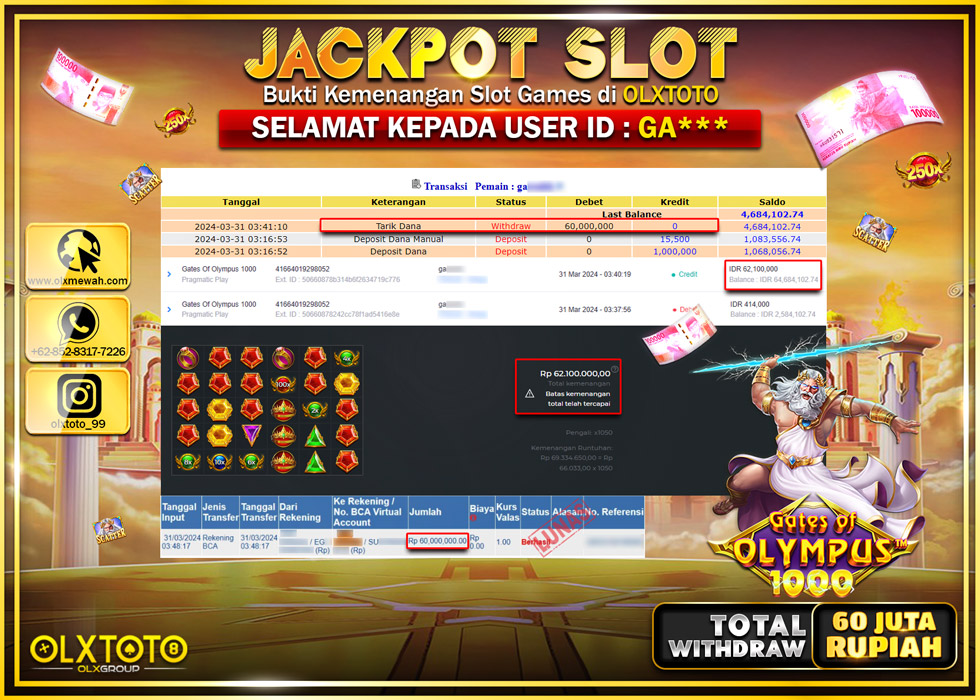OLXTOTO JACKPOT SLOT GATE OF OLYMPUS 1000  Rp.60.000.000.,- LUNAS