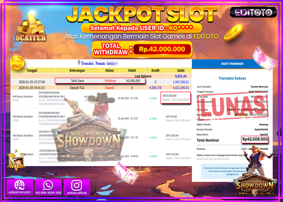 JACKPOT EDITOTO SLOT WILD BOUNTY SHOWDOWN  Rp.42.000.000,- LUNAS