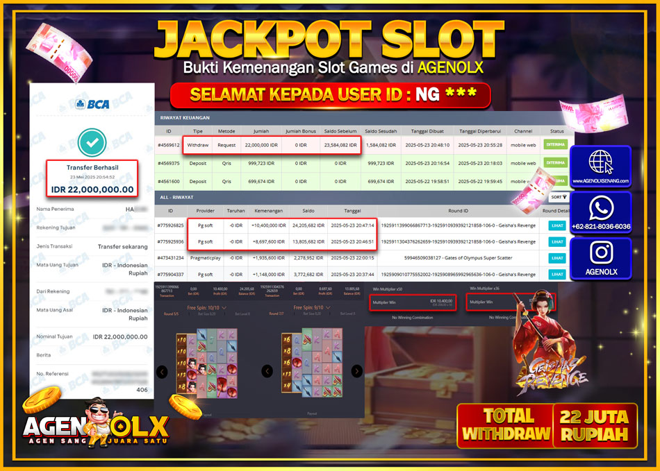 AGENOLX JACKPOT SLOT GEISHAS REVENGE Rp 22.000.000,- LUNAS