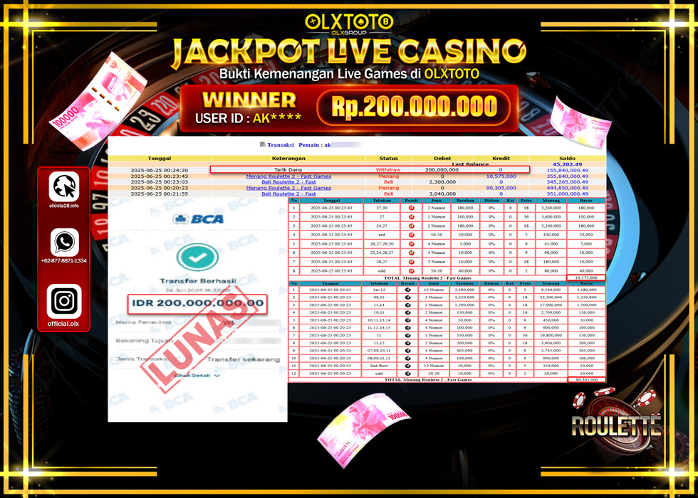 BONDAN69 JACKPOT LIVE GAMES ROULETTE 2 - FAST  GAMES Rp.200.000.000.,- LUNAS