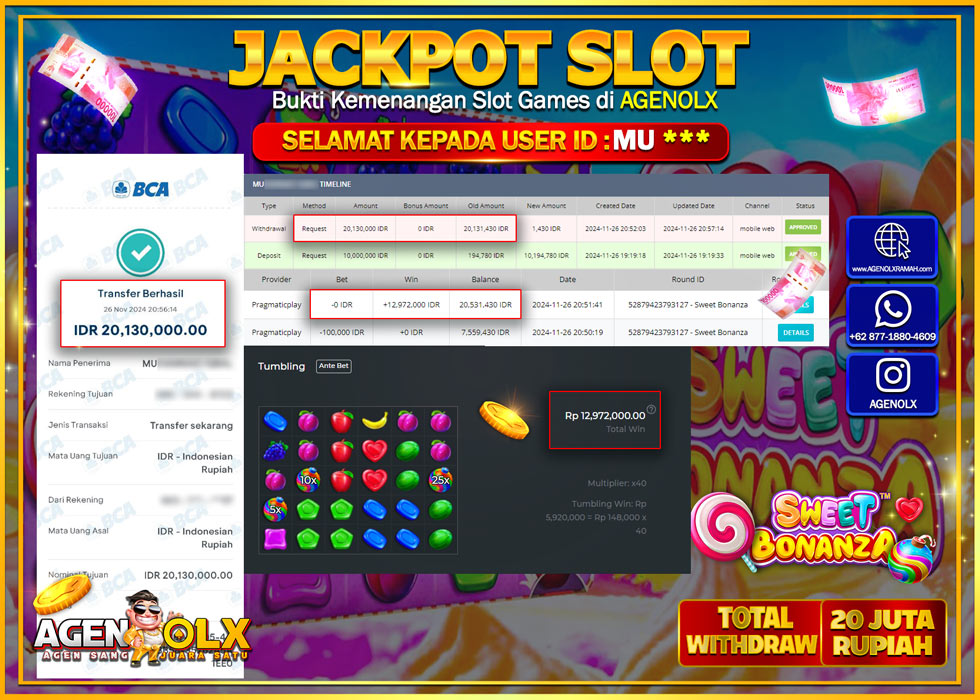 AGENOLX JACKPOT SLOT SWEET BONANZA Rp 20.000.000,- LUNAS