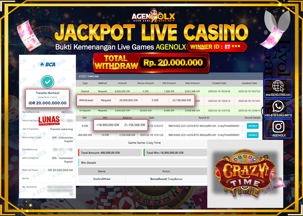 AGENOLX JACKPOT SLOT LIVE CASINO CRAZYTIME Rp 20.000.000,- LUNAS
