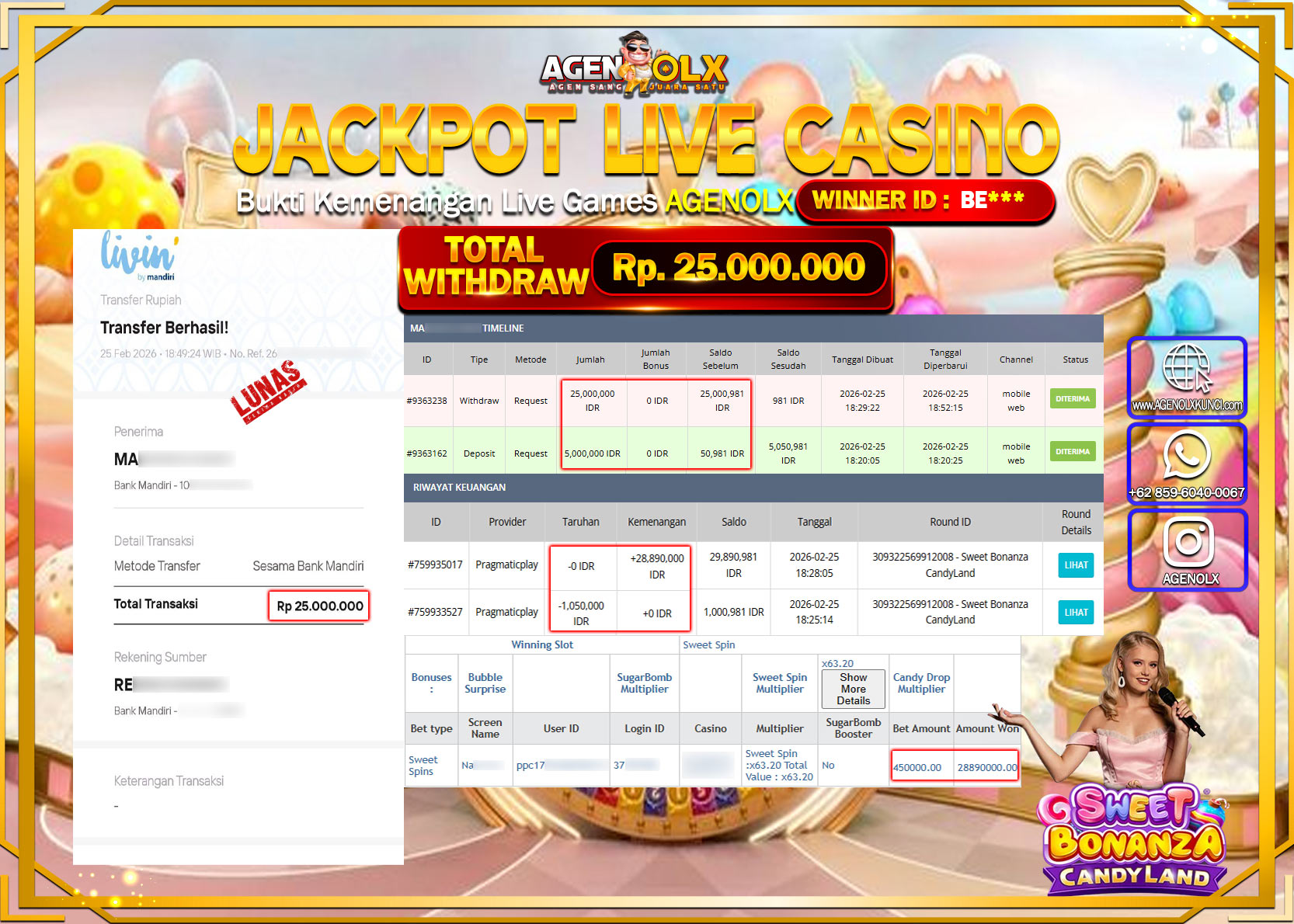 AGENOLX JACKPOT LIVE CASINO SWEET BONANZA CANDYLAND  Rp 25.000.000 - LUNAS