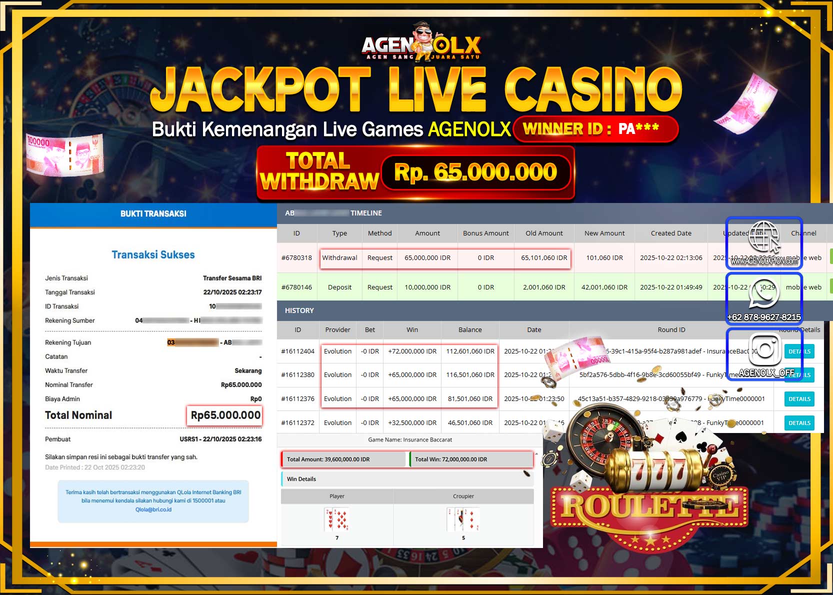 AGENOLX JACKPOT LIVE CASINO INSURANCE BACCARAT   Rp 65,000,000,- LUNAS