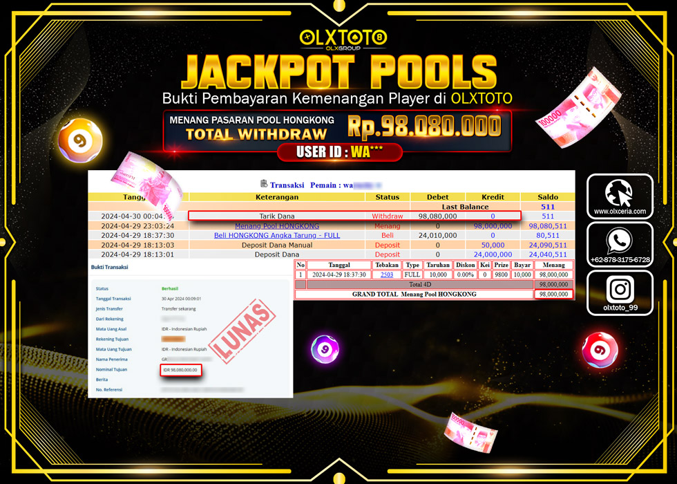 OLXTOTO JACKPOT TOGEL POOL HONGKONG Rp.98.080.000.,- LUNAS