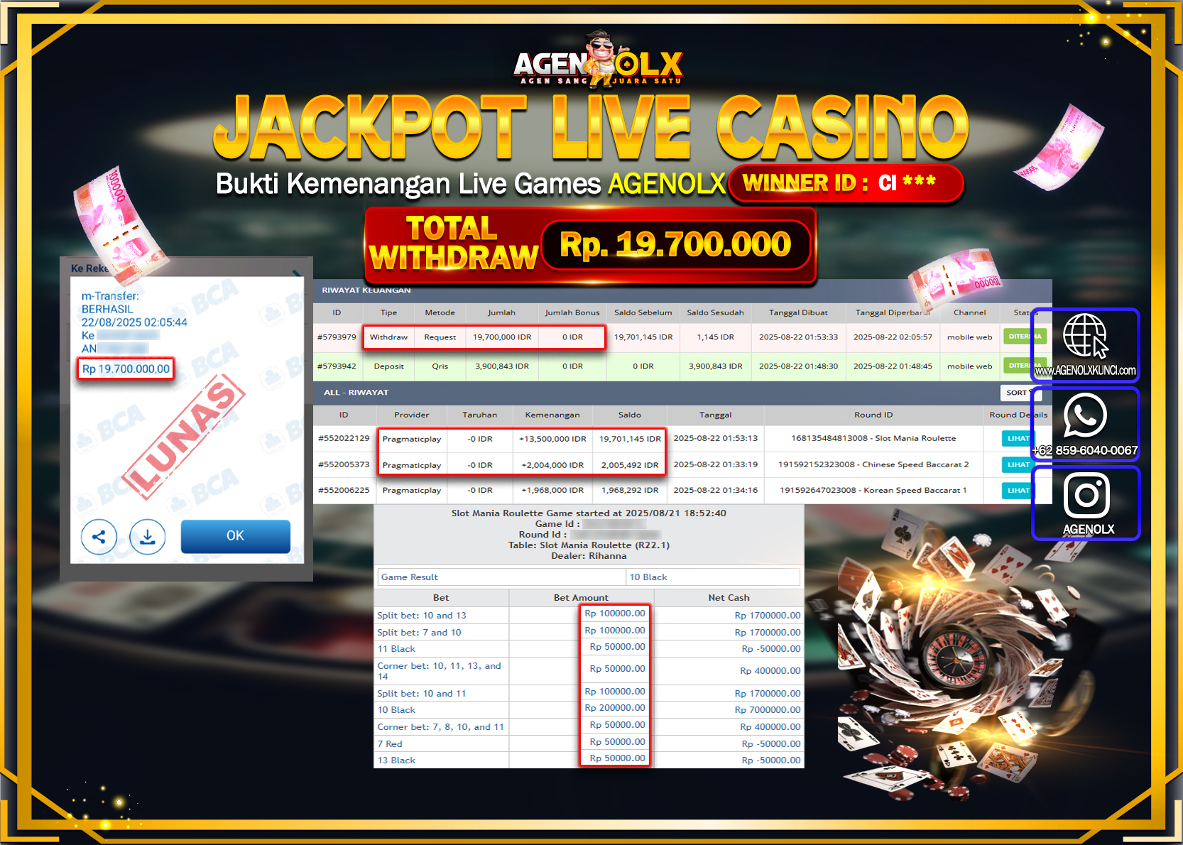 AGENOLX JACKPOT  LIVE CASSINO SLOT MANIA ROULETTE  Rp 19,700,000,- LUNAS