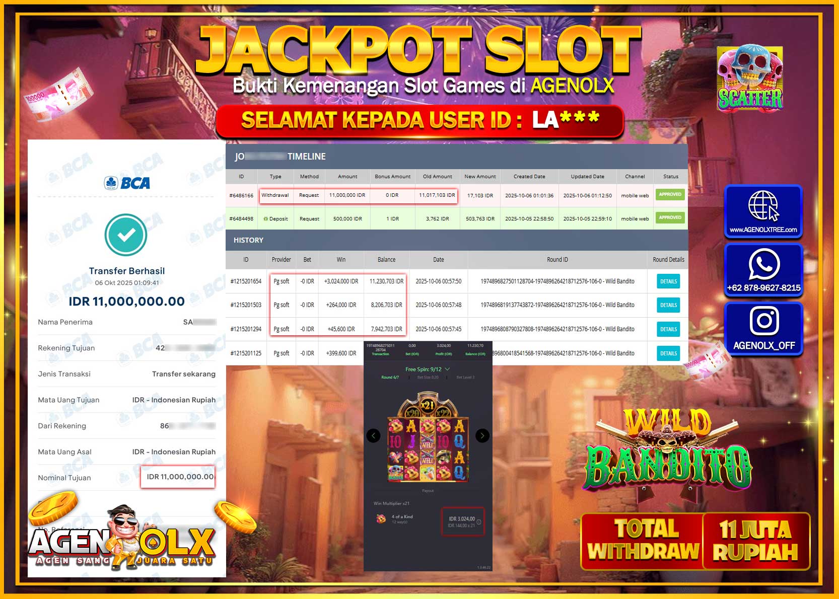 AGENOLX JACKPOT SLOT WILD BANDITO Rp 11,000,000,- LUNAS