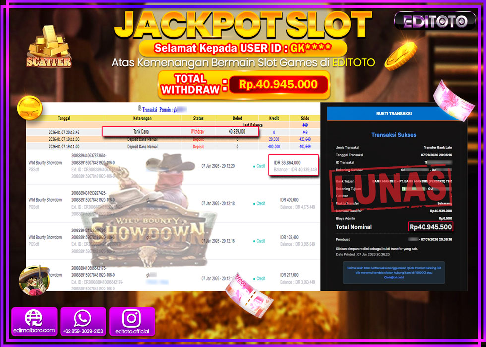 JACKPOT EDITOTO SLOT WILD BOUNTY SHOWDOWN  Rp.40.945.000,- LUNAS  
