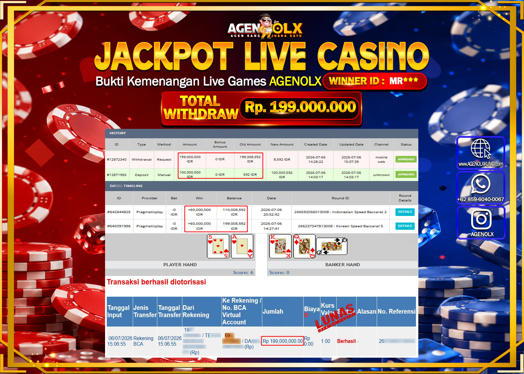 AGENOLX JACKPOT LIVE CASINO KOREAN SPEED BACCARAT 5 Rp 199.000.000 - LUNAS