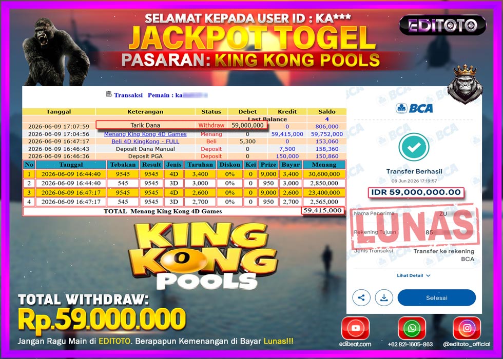JACKPOT EDITOTO TOGEL PASARAN KING KONG POOLS Rp.59.000.000.,- LUNAS