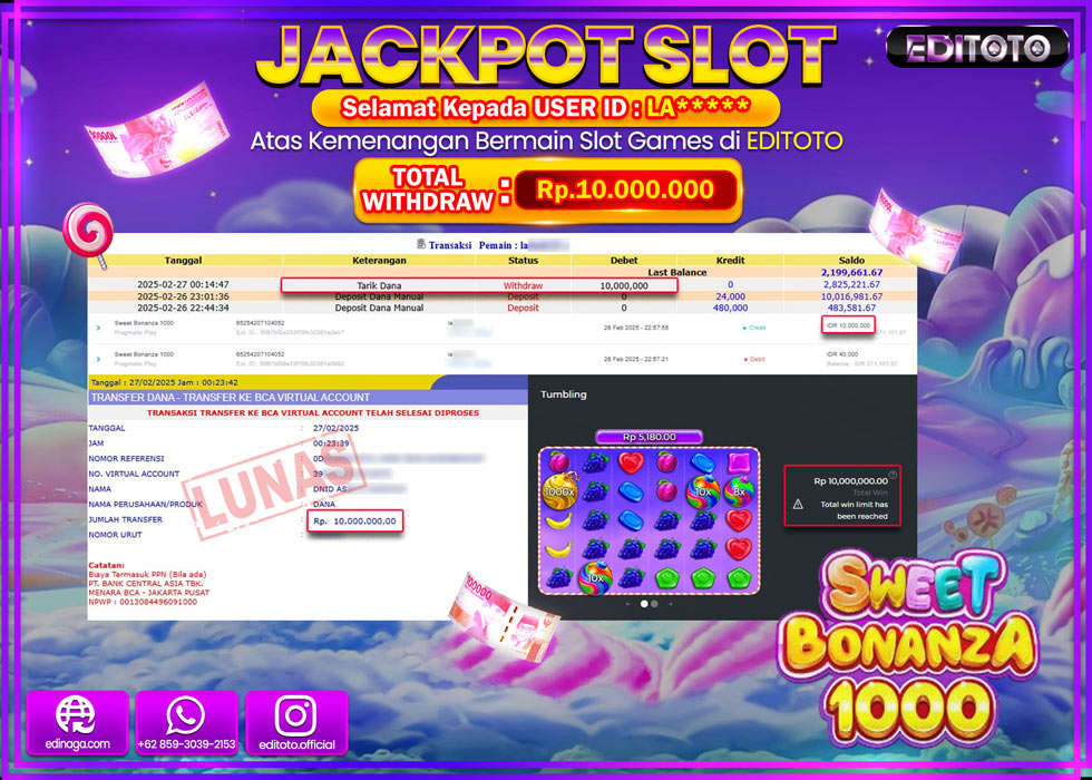 JACKPOT SLOT SWEET BONANZA 1000 Rp.10.000.000.,- LUNAS