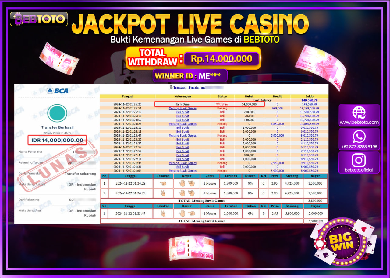 JACKPOT LIVE CASINO BEBTOTO SUWIT GAMES Rp.14.000.000.,- LUNAS