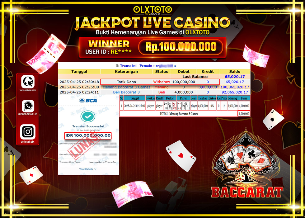 BINTANGSLOT77 JACKPOT  LIVE GAMES BACCARAT 3 Rp.100.000.000.,- LUNAS