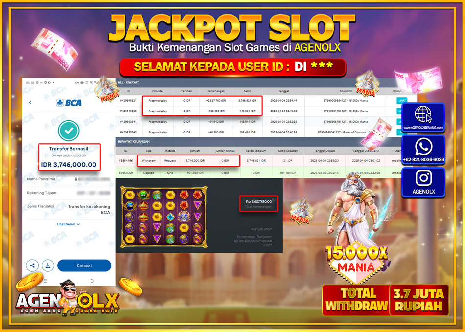 AGENOLX JACKPOT SLOT 15,000 X MANIA Rp 3.746.000,- LUNAS