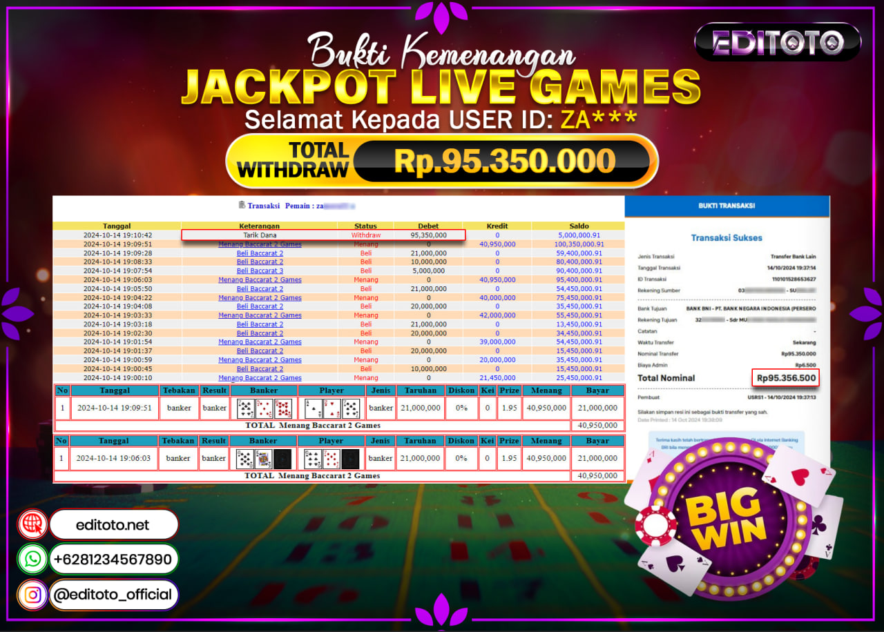 JACKPOT LIVE GAME BACCARAT Rp.95.350.000.,- LUNAS
