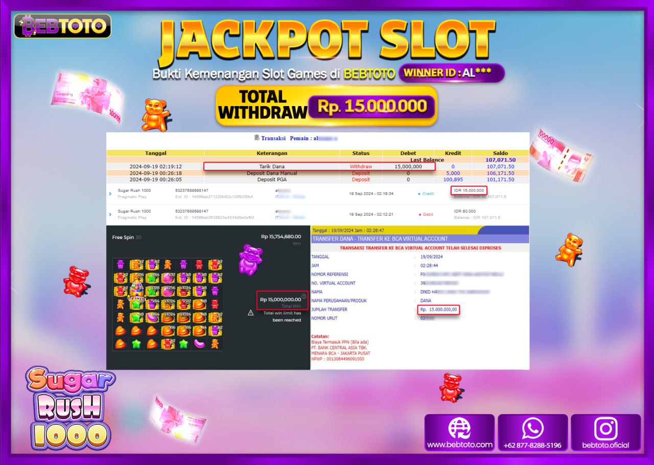 JACKPOT SLOT BEBTOTO SUGAR RUSH 1000 Rp.15.000.000.,- LUNAS