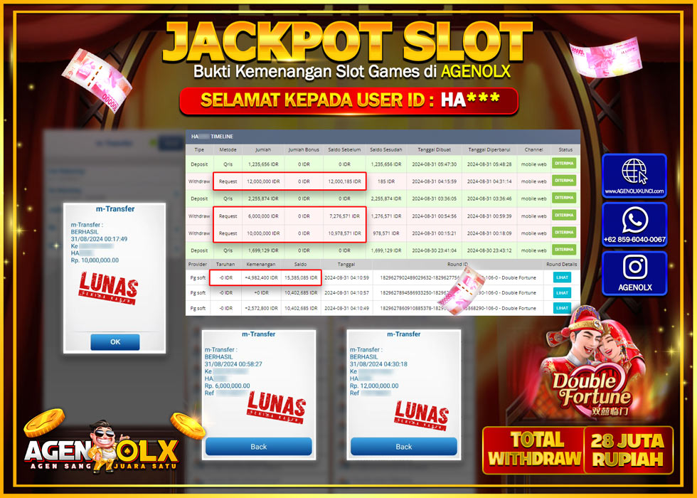 AGENOLX JACKPOT SLOT DOUBLE FORTUNE Rp.28.000.000,- LUNAS