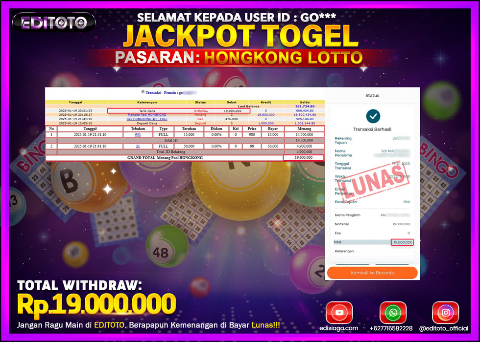 JACKPOT TOGEL PASARAN HONGKONG LOTTO Rp.19.000.000.,- LUNAS