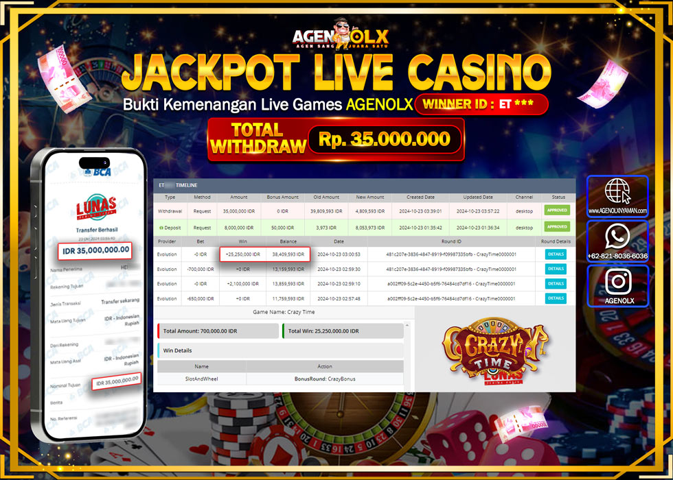 AGENOLX JACKPOT  LIVE CASINO CRAZY TIME  Rp 35.000.000,- LUNAS