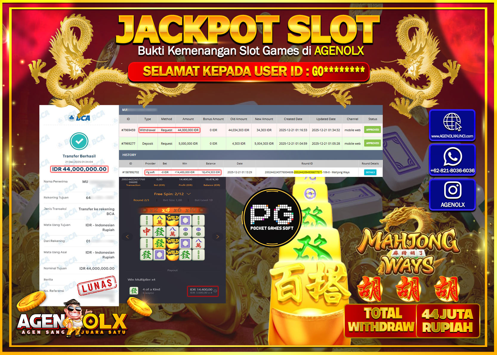 AGENOLX JACKPOT PG SOFT MAHJONG WAYS  Rp 44,000,000,- LUNAS
