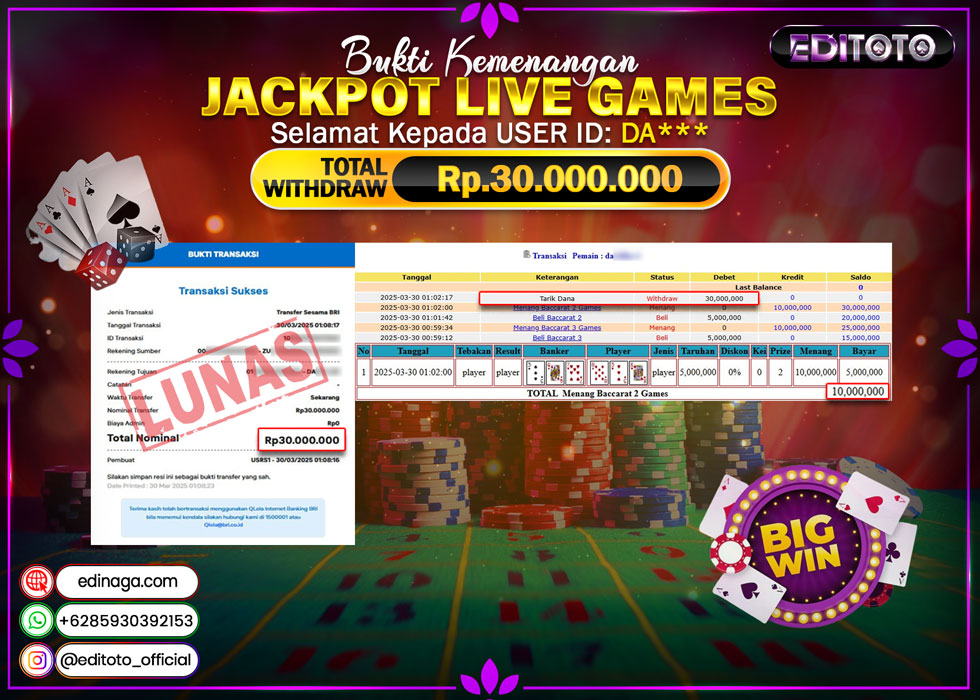 JACKPOT LIVE GAMES BACCARAT Rp.30.000.000.,- LUNAS