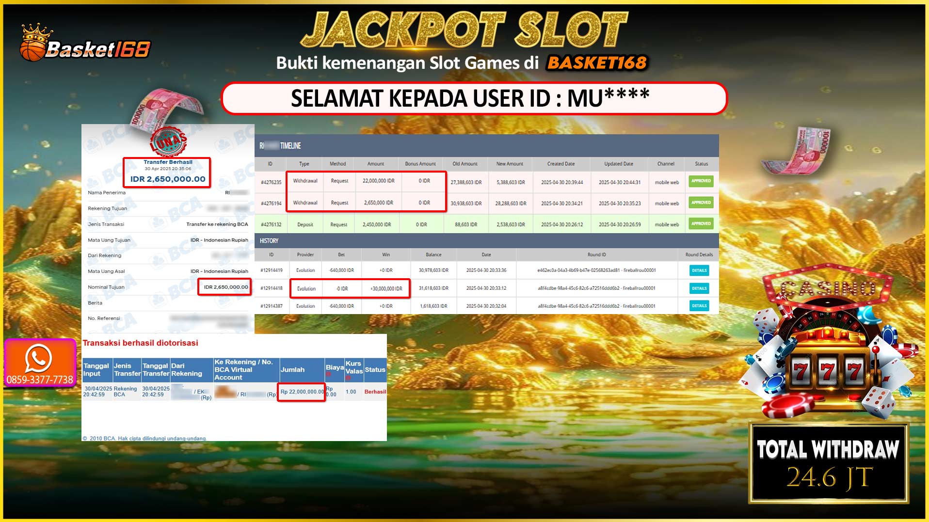 BASKET168 JACKPOT LIVE GAMES ECOLUTION Rp. 24.650.000,- LUNAS