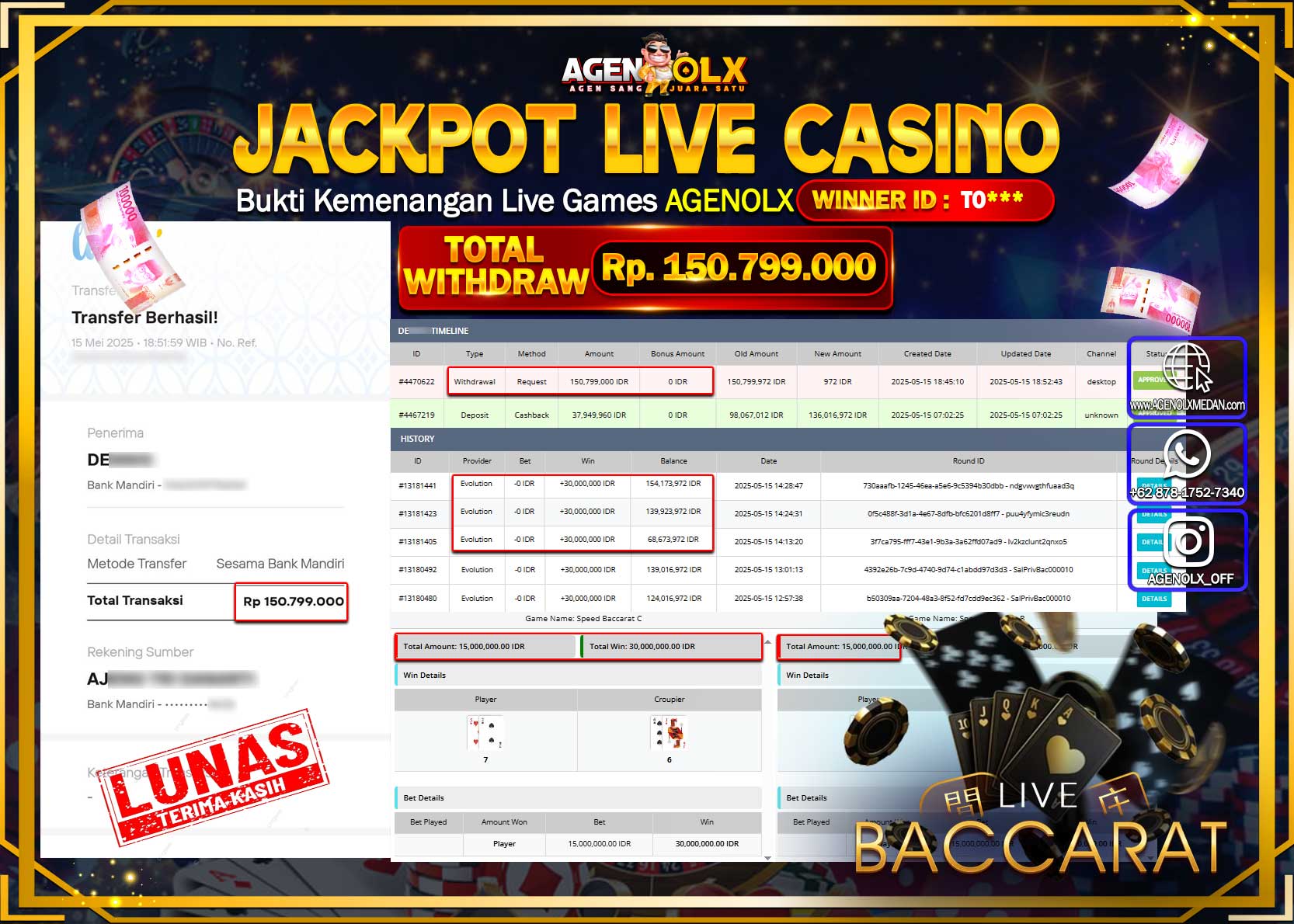 AGENOLX JACKPOT LIVE CASINO SPEED BACCARAT C Rp 150.799.000,- LUNAS