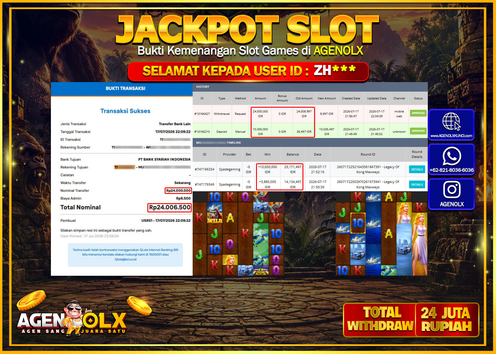 AGENOLX JACKPOT SLOT LEGACY OF KONG MAXWAYS Rp  24.000.000 -LUNAS