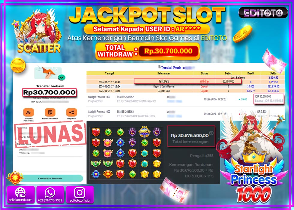 JACKPOT EDITOTO SLOT STARLIGHT PRINCESS 1000  Rp.30.700.000,- LUNAS  