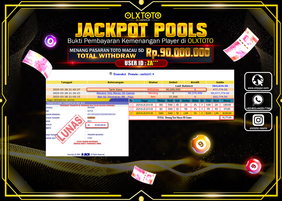 OLXTOTO JACKPOT TOGEL PASARAN POOL TOTO MACAU 5D Rp.90.000.000.,- LUNAS