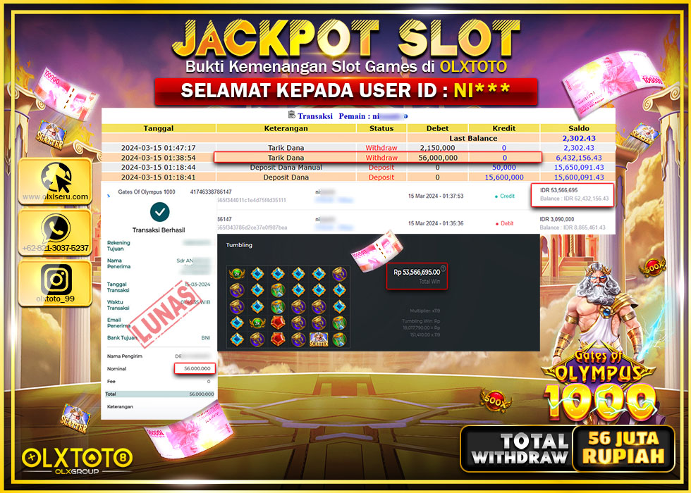 OLXTOTO JACKPOT SLOT GATES OF OLYMPUS 1000 Rp.56.000.000.,- LUNAS
