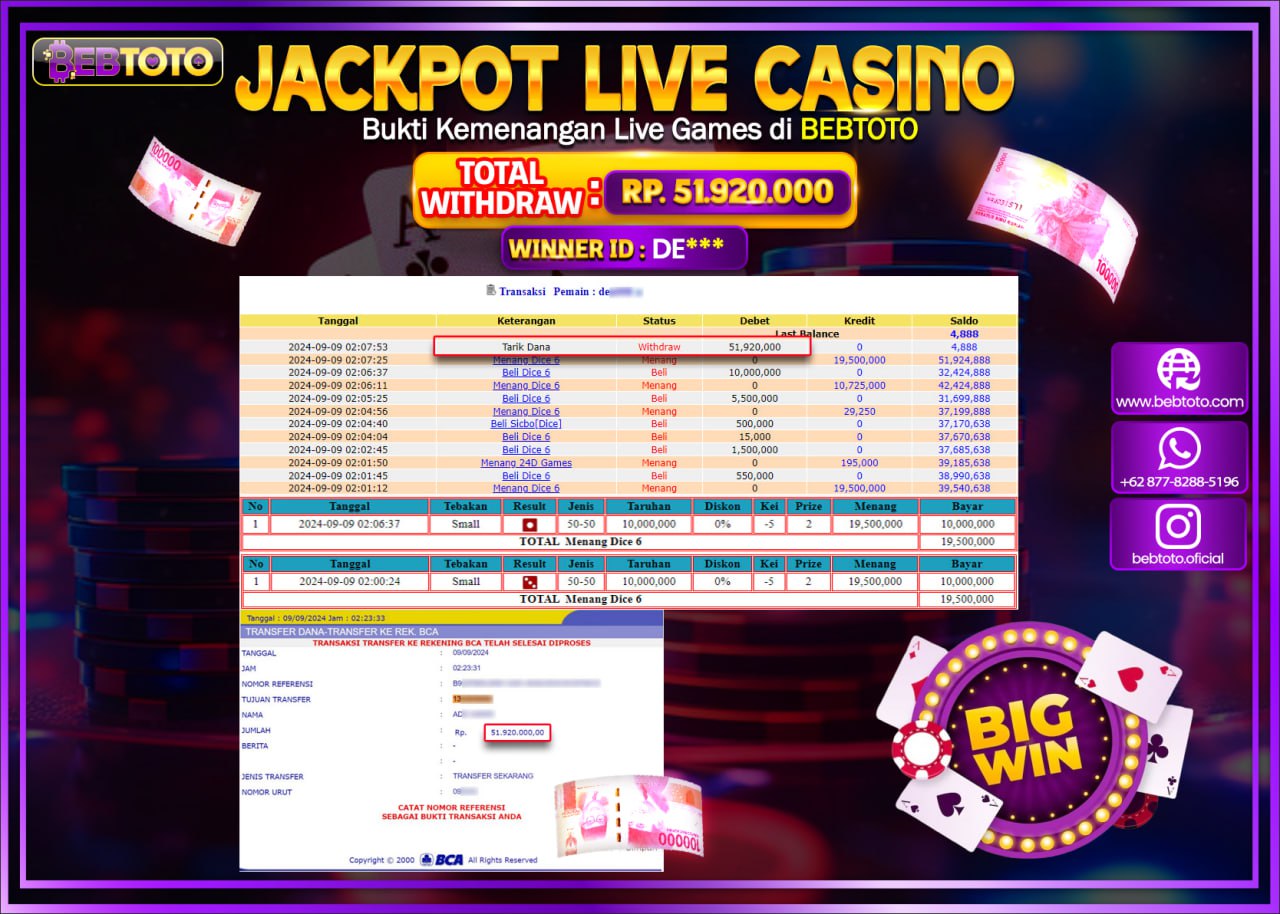JACKPOT LIVE CASINO BEBTOTO DICE 6 Rp.51.920.000.,- LUNAS