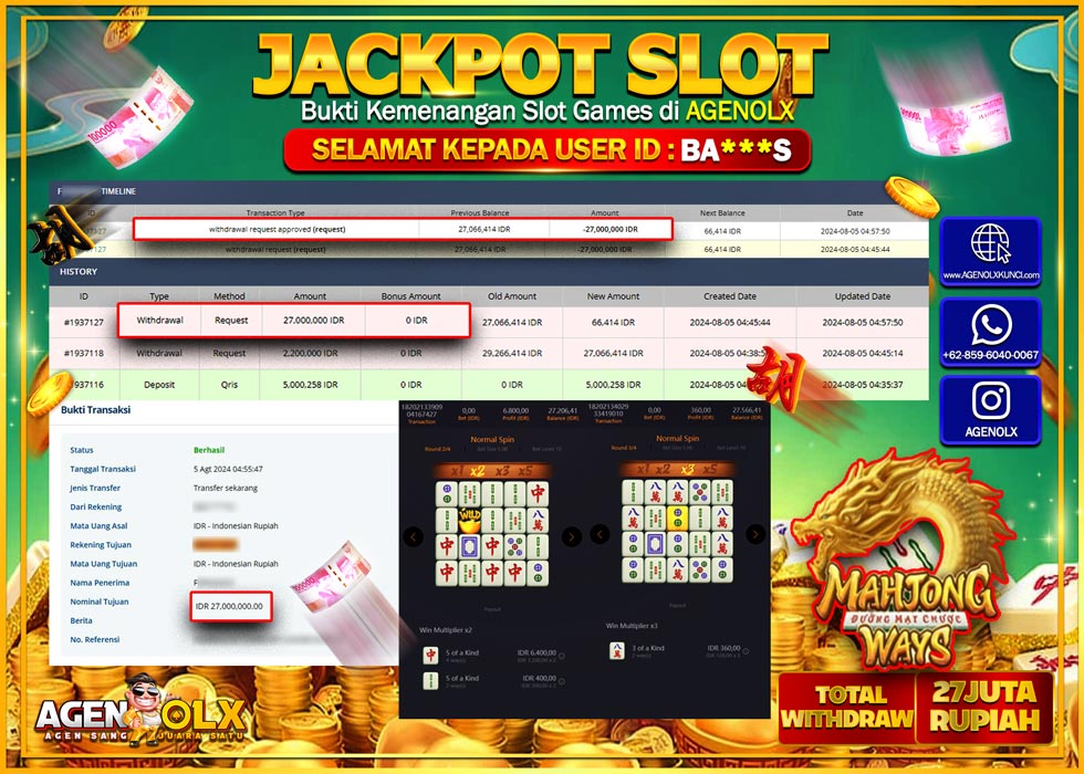 AGENOLX JACKPOT SLOT MAHJONG WAYS Rp.27.000.000,- LUNAS