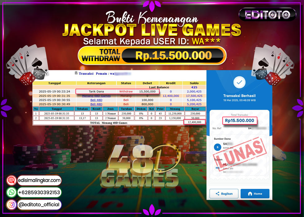 JACKPOT EDITOTO LIVE GAMES 48D GAMES  Rp.15.500.000.,- LUNAS