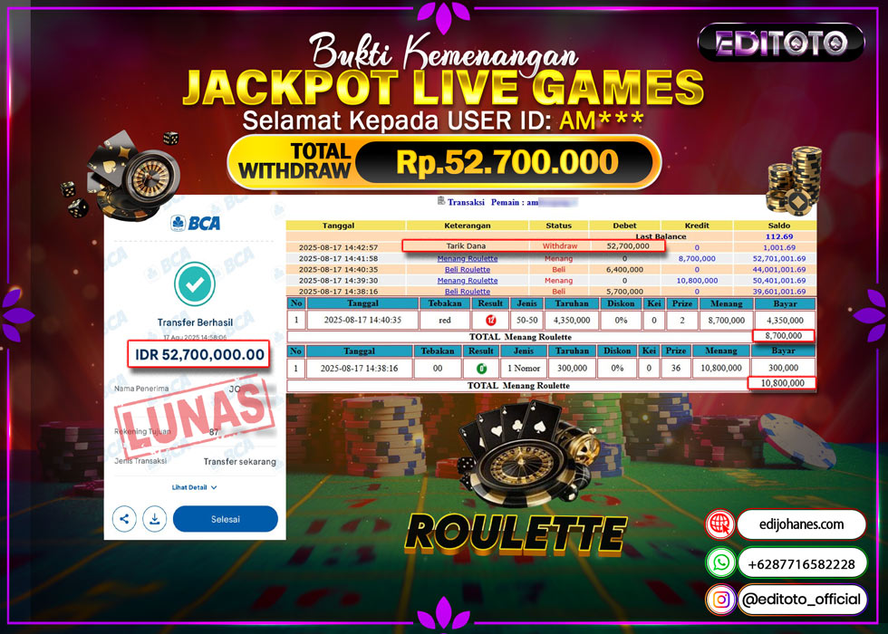 JACKPOT EDITOTO LIVE GAMES ROULETTE Rp. 52.700.000.,- LUNAS