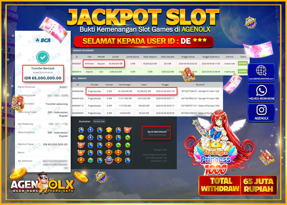 AGENOLX JACKPOT  SLOT STARLIGHT PRINCESS 1000 Rp 65.000.000,- LUNAS