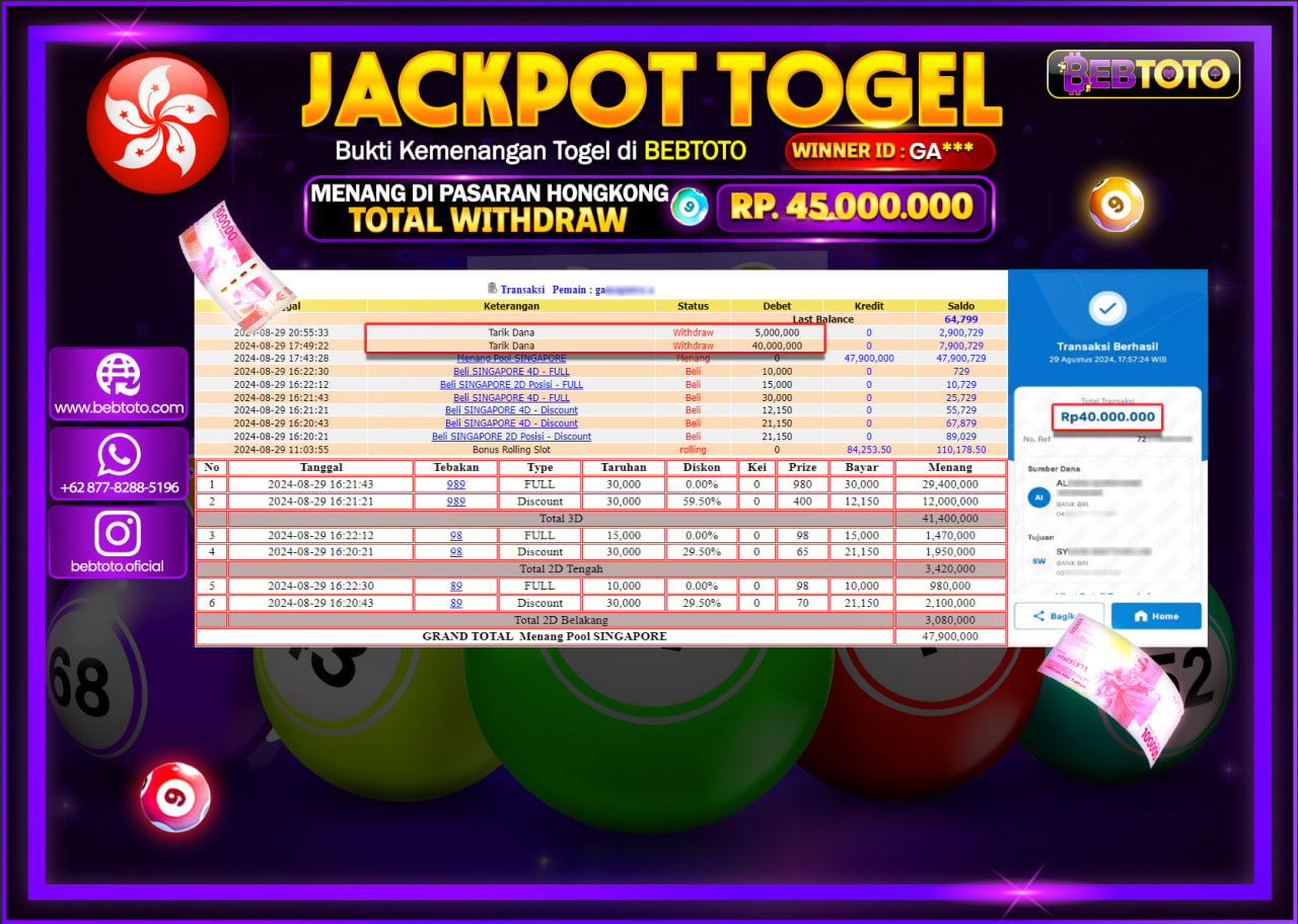 JACKPOT TOGEL BEBTOTO SINGAPORE POOLS Rp.45.000.000.,- LUNAS
