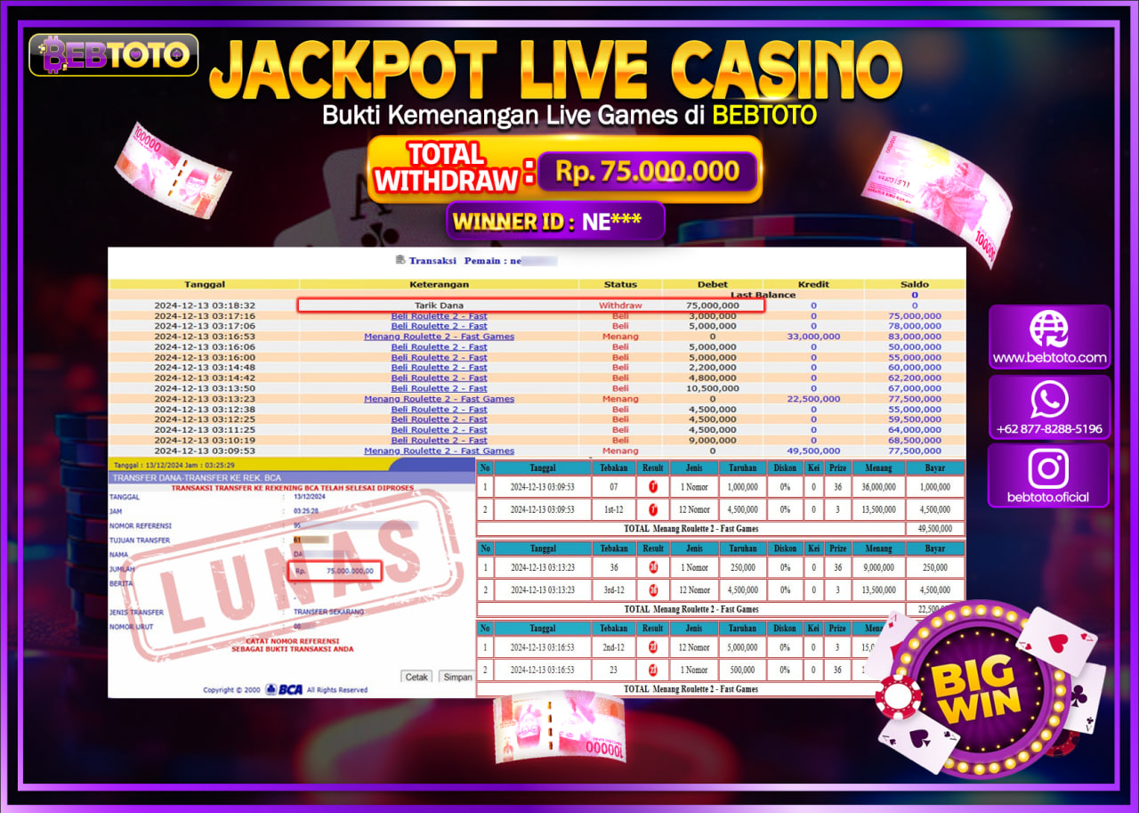 JACKPOT LIVE CASINO BEBTOTO ROULETTE 2 FAST GAMES Rp.75.000.000.,- LUNAS