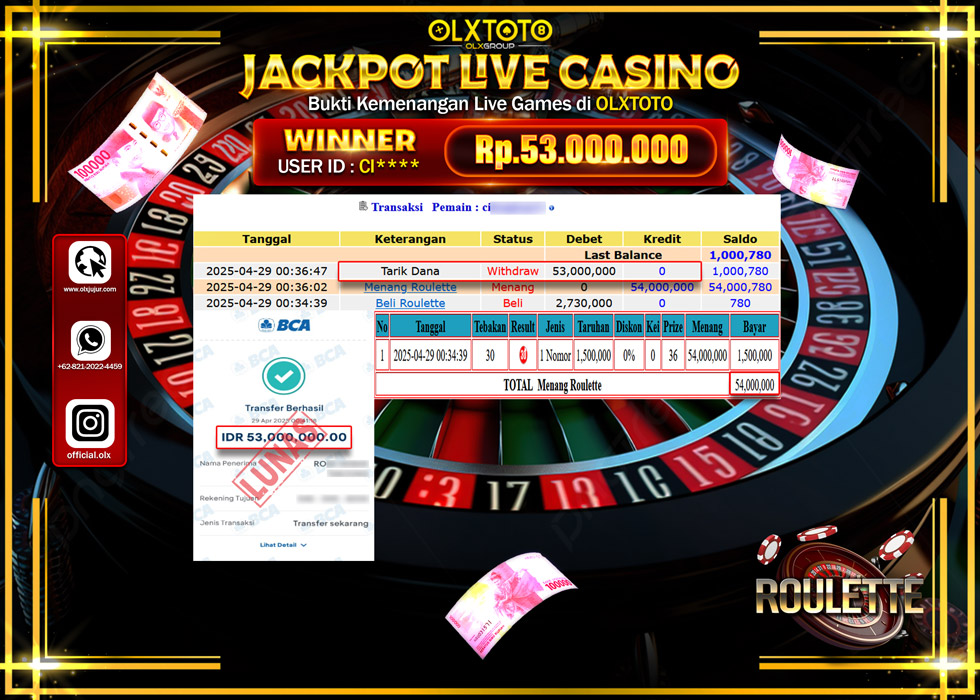 BINTANGSLOT77 JACKPOT  LIVE GAMES ROULETTE Rp.53.000.000.,- LUNAS