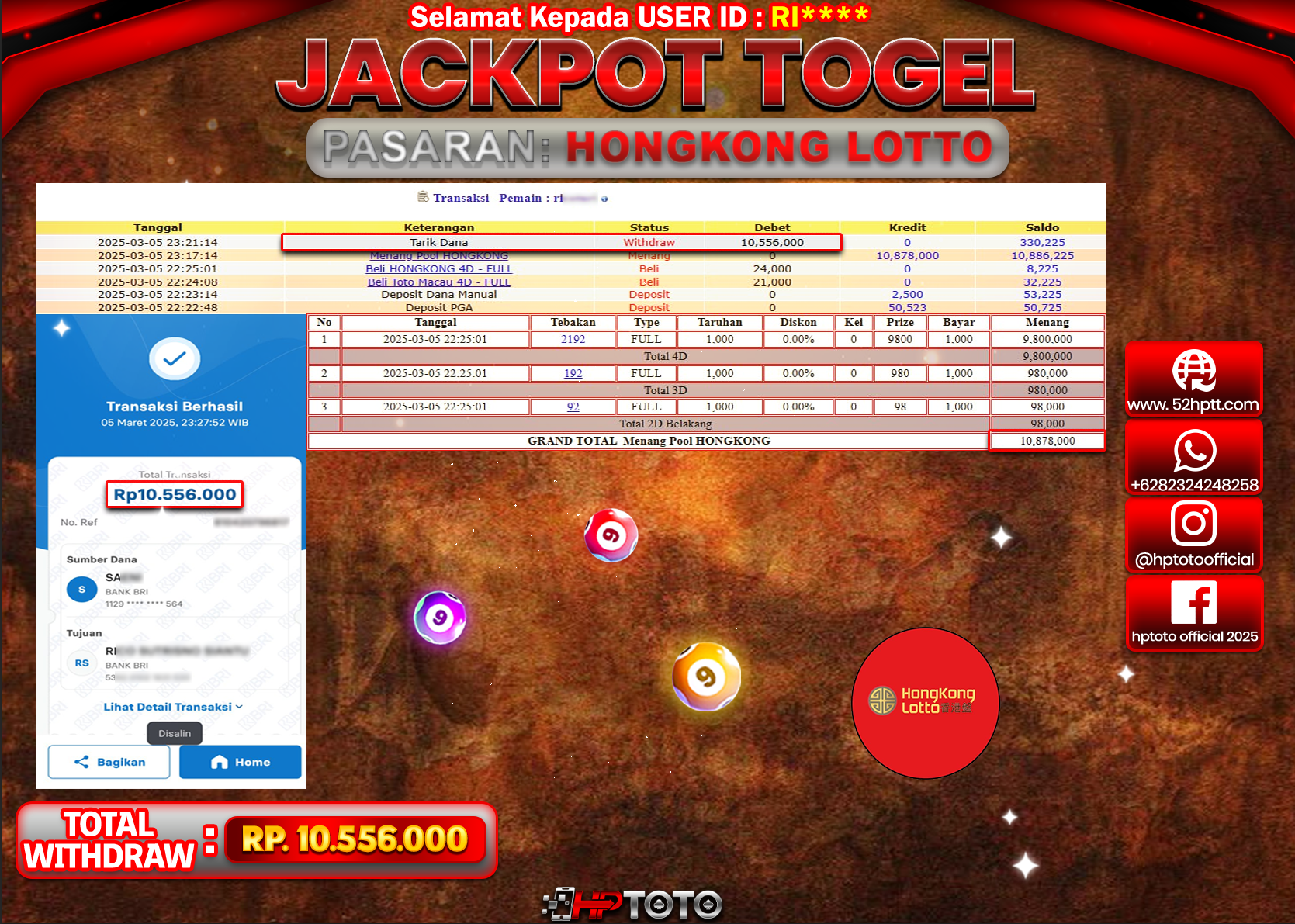 HPTOTO JACKPOT TOGEL PASARAN HONGKONG LOTTO Rp.10.556.000,- LUNAS