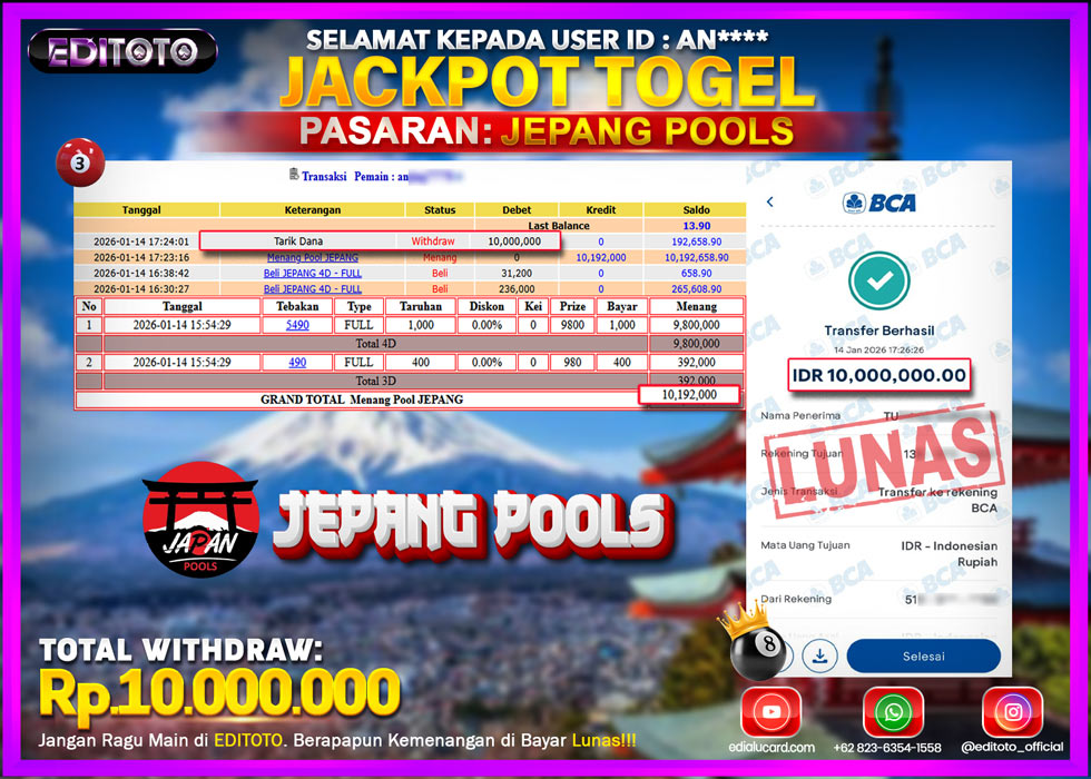 JACKPOT EDITOTO TOGEL PASARAN JEPANG POOLS Rp.10.000.000.,- LUNAS 