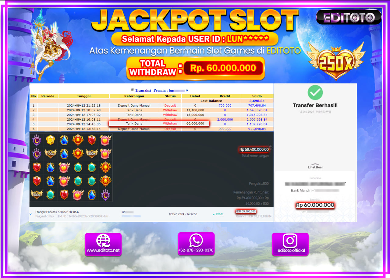 JACKPOT SLOT STARLIGHT PRINCESS   Rp.60.000.000.,- LUNAS